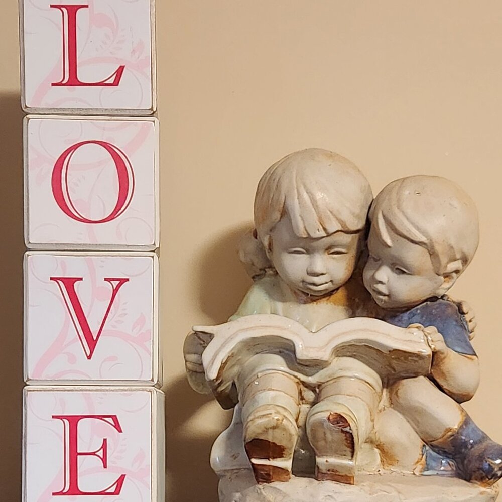 4 Wood Blocks, L, O, V, & E letters, Red, Pink & Cream, Decor, Nursery, Cube